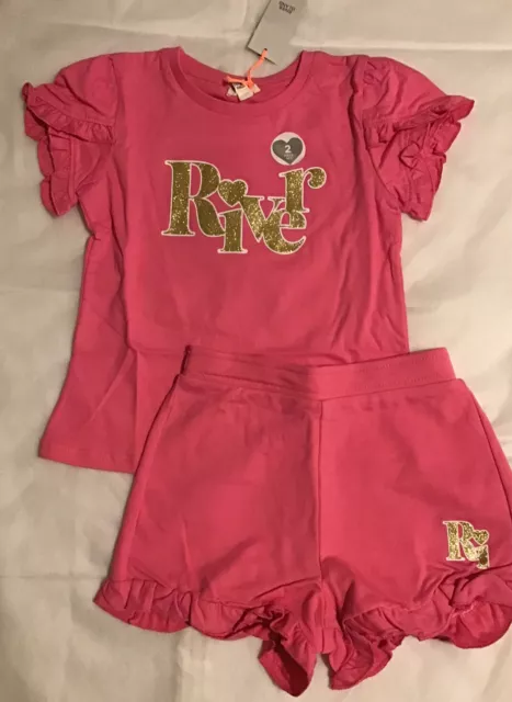 Set pantaloncini con logo River Island mini ragazze età 3-4 anni rosa glitter fronzoli nuovi con etichette