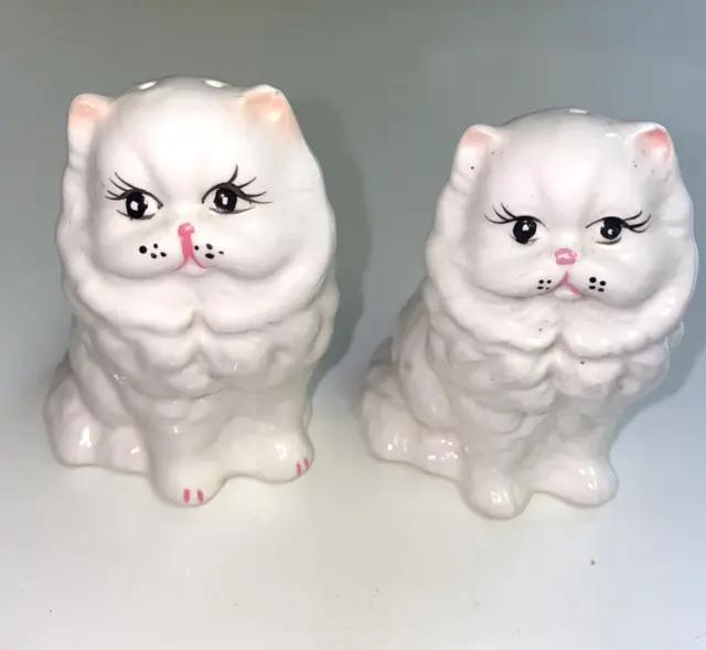 Vintage Porcelain Ceramic Solid White Persian Cat Salt & Pepper Shaker Set