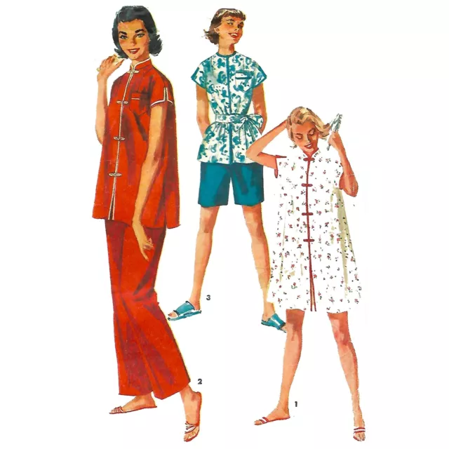 50s Patrón – 2-piece Nehru Pijama Abrigo,Corto Y Largo Pantalón - Busto = 91.4cm