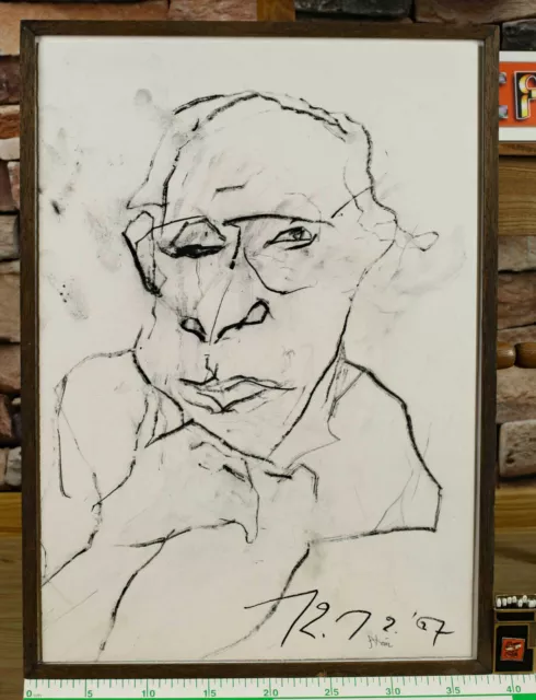 Firmado Stein dibujo Carbón 1967 Dibujos Animados Retrato Prof.