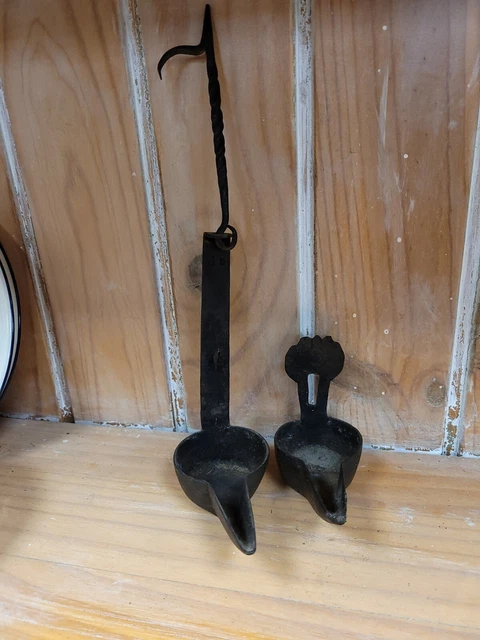 rare antique 18th century hand wrought iron double cruise Betty oil burning lamp