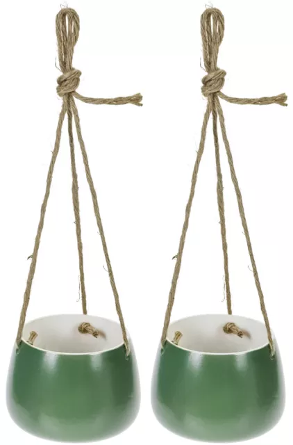 Juego De 2 Colgante Macetas Verde Cerámica Decorativo Interior Maceta Con Cuerda