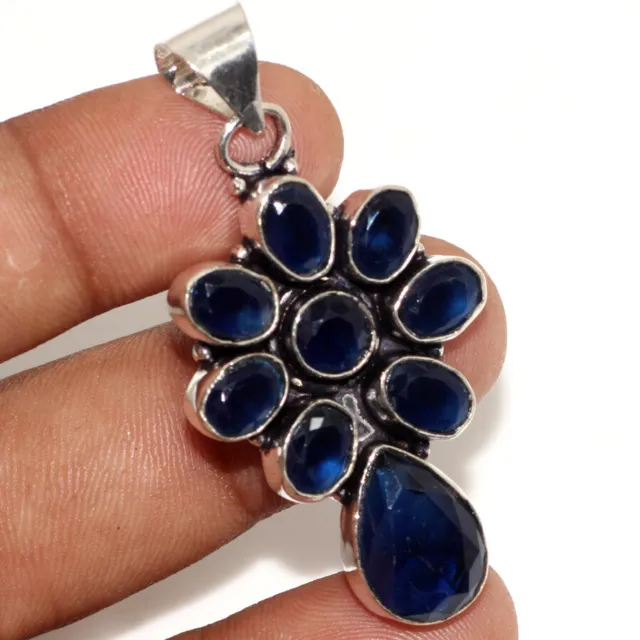 925 Silver Plated-Blue Topaz Ethnic Gemstone Handmade Pendant Jewelry 2" AU A986