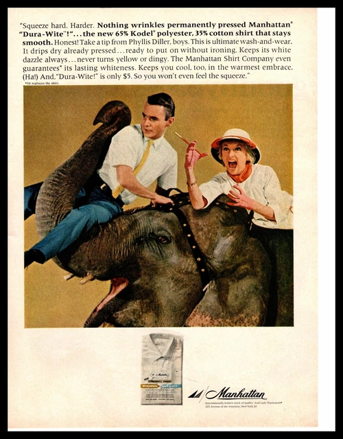 1966 Phyllis Diller Comedian Riding An Elephant Manhattan Dress Shirts Print Ad