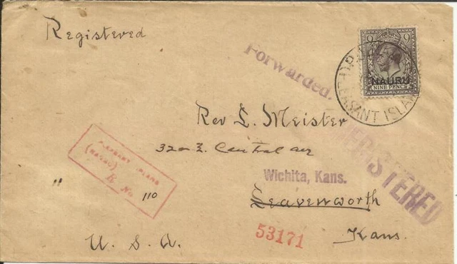 Nauru SG#11(single frank) PLEASANT ISLAND 1/MR/23 Registered-#110 to USA
