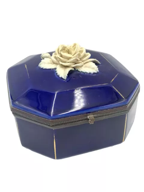 Enamel Dresser Casket Box w/ Parian Rose Sevres French Large Cobalt Blue Antique