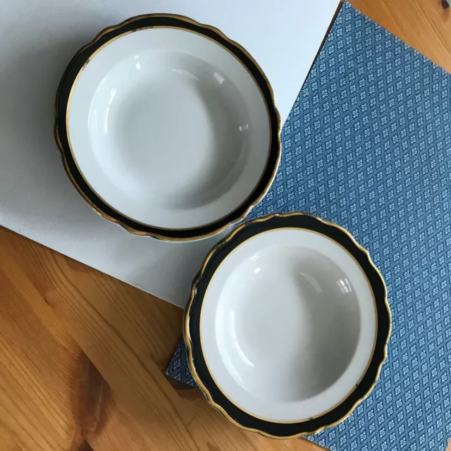 2- 8" Vintage Jackson China Syracuse Restaurant Dinerware Black Gold White Bowls