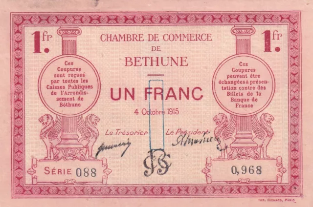 1 Franc - Chambre de Commerce de Béthune - 04-10-1915 - Série 088