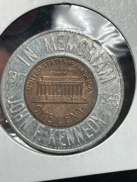 1963 Encased Penny Good Luck Souvenir Token "IN MEMORIAM JOHN F. KENNEDY"