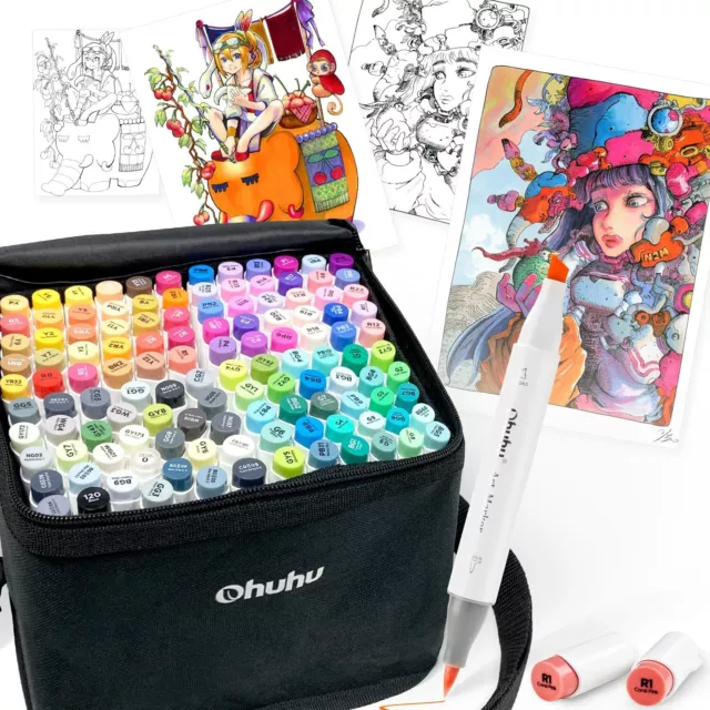 Ohuhu Art Marker 120 colors dual tip markers brush with Carrying Case
