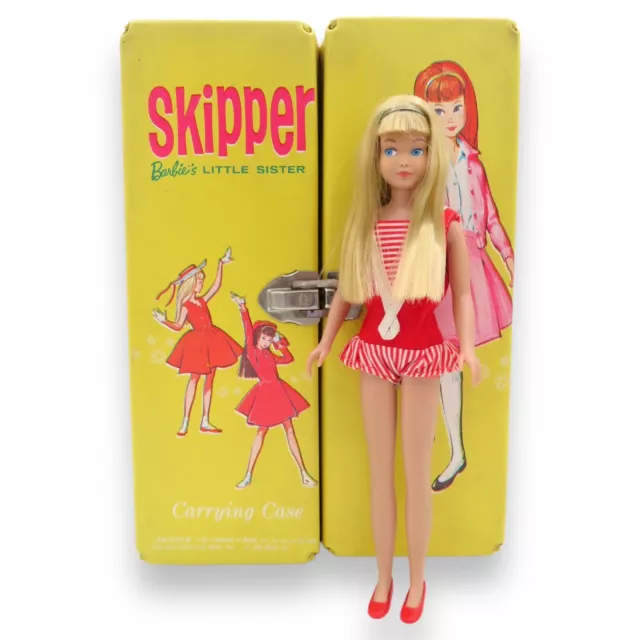 Vintage 1964 Skipper SL #950 Barbie Doll Lemon Blonde Brass Headband Case Mattel