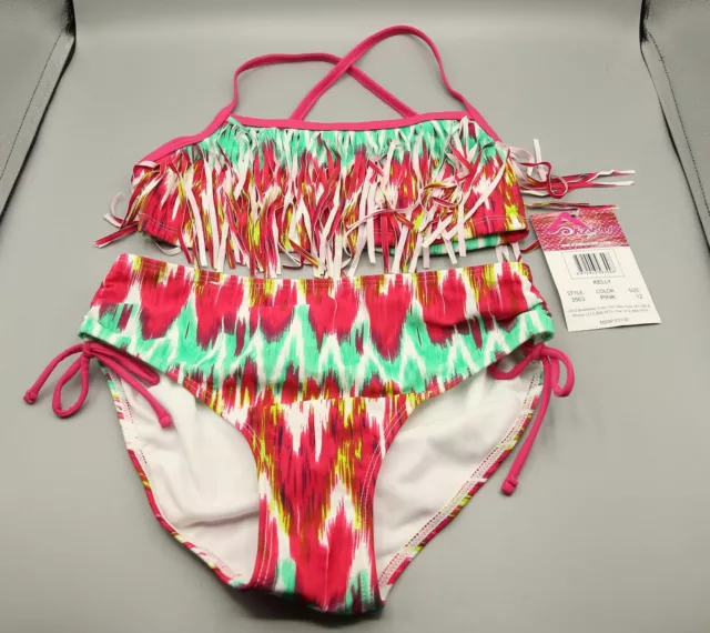 Kanu Surf Girls' Big Beach Sport Fringe 2-Piece Bikini, Kelly Pink, Size 12