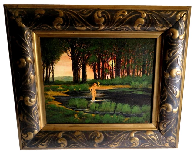 ELSA BADENDE FRAU Akt Wald Teich Landschaft Orig gemalt alt Gemälde