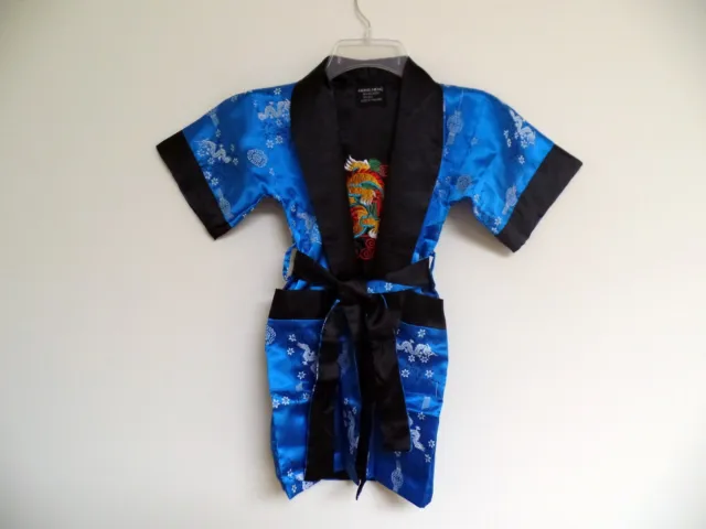 Thai Silk-Blend Child's Robe Kimono Medium Blue Reversible Dragon/Unisex-S (New)