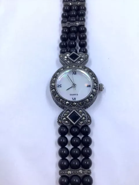Vintage Sterling Silver Marcasite Black Onyx Ladies Bracelet Wrist Watch 7.5”