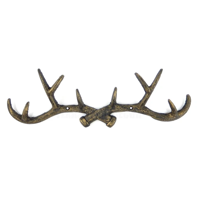 Cast Iron Antler Wall Hook Key Coat Towel Coat Hanger Rack Rustic Gold 14.5 in