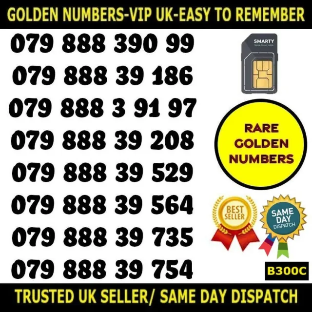 Golden Number Rare VIP Smarty UK PAYG SIMS-Easy To Remember Unique Numbers-B300C