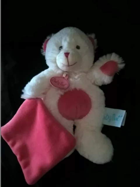 doudou Peluche Ours Blanc Fuchsia Mouchoir Les Câlins Baby Nat comme neuf
