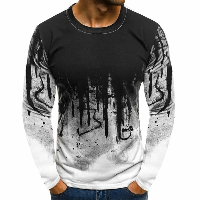 Uomo Camouflage Stampato Maschile T-Shirt Pantaloni Top Tee da Strada Lungo Sle