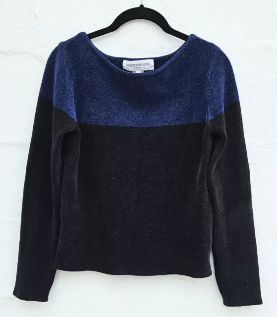 Jones New York Sport Womens Sweater Medium Blue Black Color Block Knit Pullover