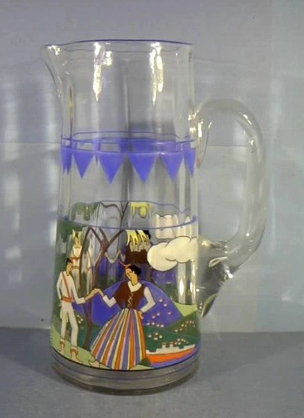 9" Tankard Pitcher, Hand Painted Enamel Decoration, Spanish Motif, Madeira Spain