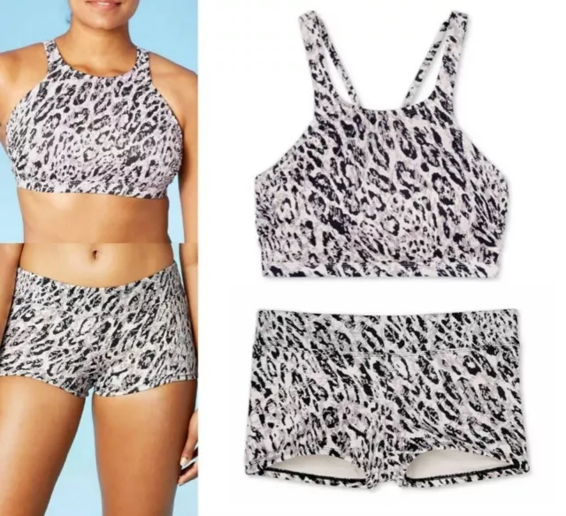 All Motion Womens 2 PC Swim Suit M 8 10 Bikini Boy Shorts Top Animal Print NWT