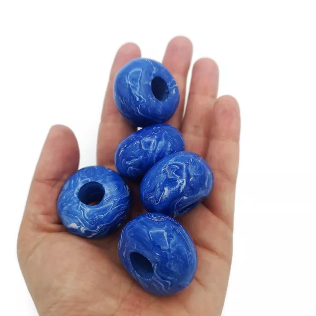5Pc Large Hole Ceramic Macrame Beads, Statement Jewelry Making Marbled Blue Clay