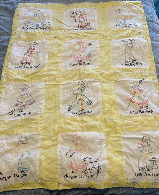 Edredón vintage a mano para bebé rima para gatos y perros punto de cruz 30 x 41