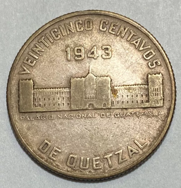1943 Guatemala Silver 25 Centavos One Year Type Coin .720 Silver