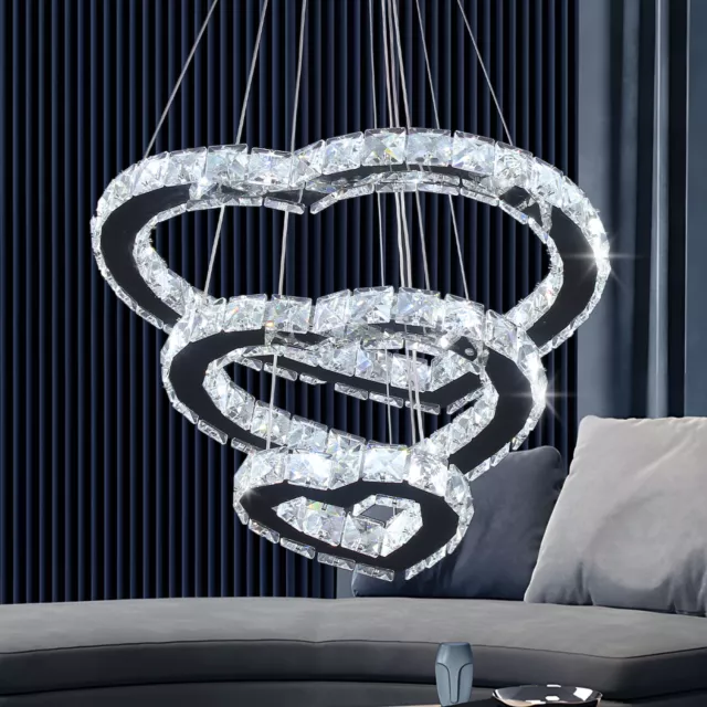 Modern 3 Ring Heart Chandelier LED Pendant Light Crystal Chandeliers for Bedroom