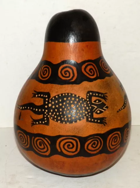 African Tribal Gourd Hand Carved Painted Lizards Kenya Africa 9.5" x 7.5"