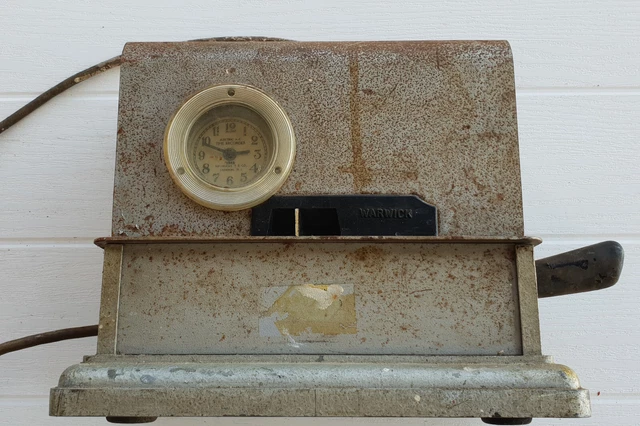 Time stamp clock by WARWICK Vintage metal cased + moving lever 1950s? steam punk