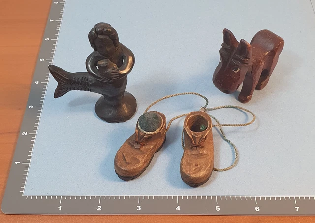 VTG LOT Handmade LOT Clay Mermaid Wood Donkey Doll Shoes folk art Figurine NL712