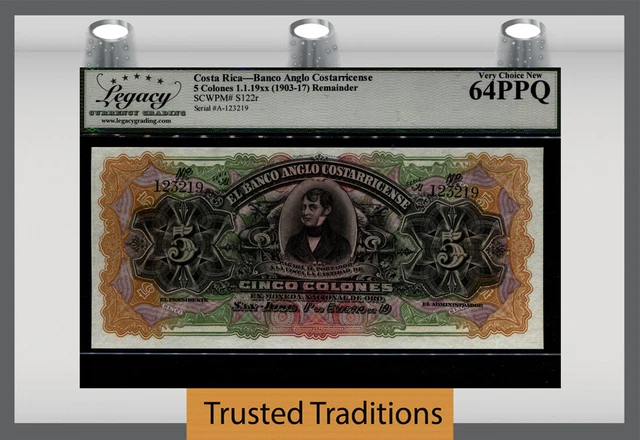 TT PK S122r 1903-17 COSTA RICA BANCO ANGLO 5 COLONES LCG 64 PPQ VERY CHOICE NEW