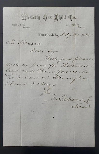 1882 Westerly (Rhode Island) Gas Light Company Handwritten and Signed Letter
