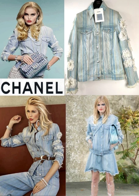 7K NEW CHANEL 2018 Blue Denim Flower Jean Bomber Jacket 34 36 38 2