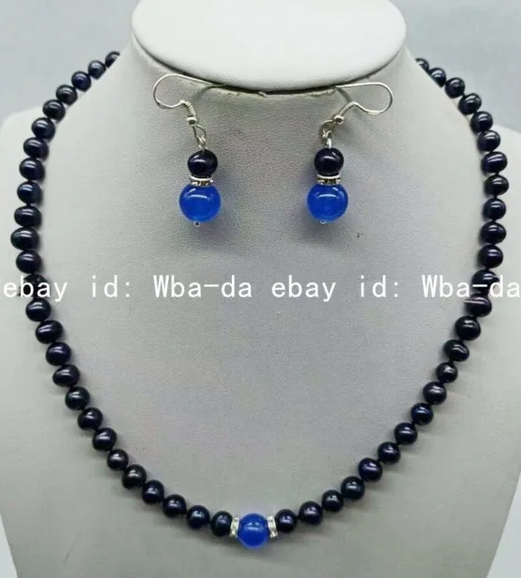 7-8mm Black Freshwater Pearl&10mm Blue Jade Necklace Earrings Set 18 Inch