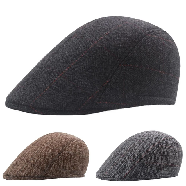 Retro Style Men's Flat Cap Ivy Hat Baker Boy Hat Herringbone Tweed (Dark gray)