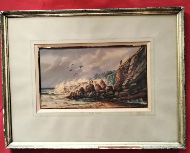 Belle aquarelle 19 é   " les pêcheurs  sur les rochers en bord de mer "