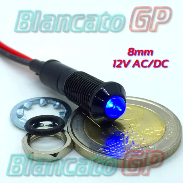 SPIA LED BLU 12V DC NERA TONDA 8mm IP67 auto moto camper nautica indicator light