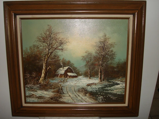 Vintage Collectible Bauman Winter Scene Oil Painting On Canvas With Wood Frame