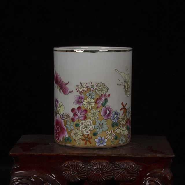 5.8"Collect China Porcelain Overglaze Color Hand Painting Flower Grain Brush Pot
