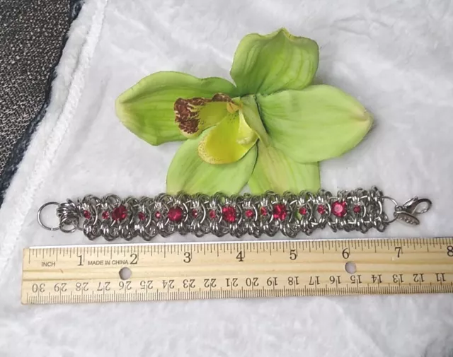 FIFTM 424 Lord and Taylor Multi Metal Link Chain Bracelet w/Red Rhinestones! 2