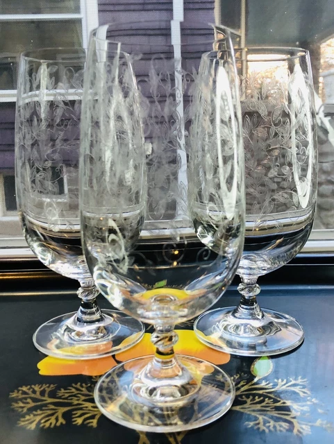 Pier 1 Eliza Iced Tea Glass Etch Leaves 20 OZ Retired Stem Set Of 3