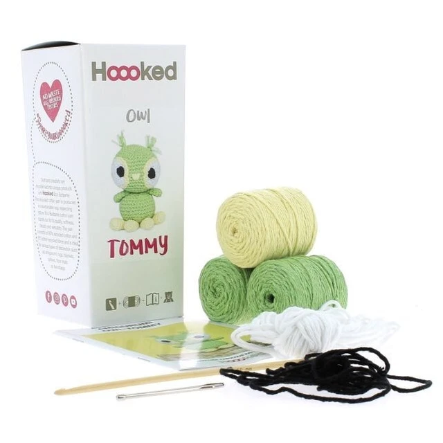 Kit de ganchillo con capucha - Tommy el búho - 100% hilo reciclado regalo artesanal Amigurumi