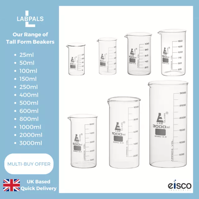 Laboratory Measuring Glass Beaker - 25ml-3000ml - Tall Form - Borosilicate 3.3