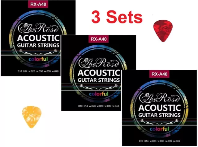 Coloured Acoustic Guitar Strings - 3 Sets With 2 Guitar Picks Light Gauge 10-48