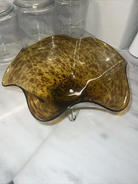 Vintage Ruffled Curved Hand Blown Art Glass Fruit Bowl Amber Speckled Art Deco