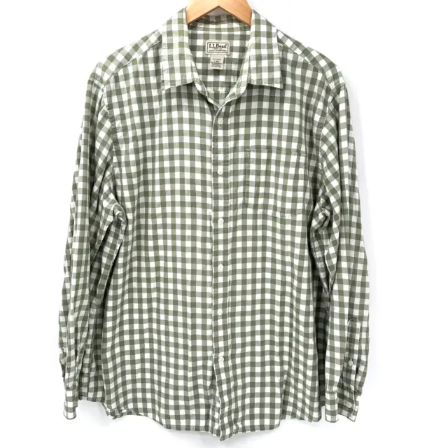 LL Bean Men's Shirt Size Large Button Up Gingham Green Long Sleeve 100% Cotton