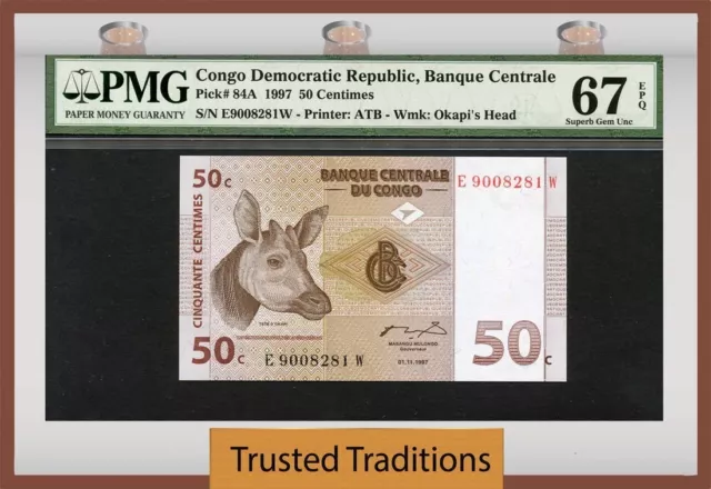 Tt Pk 84A 1997 Congo Democratic Republic 50 Centimes Pmg 67 Epq Population One